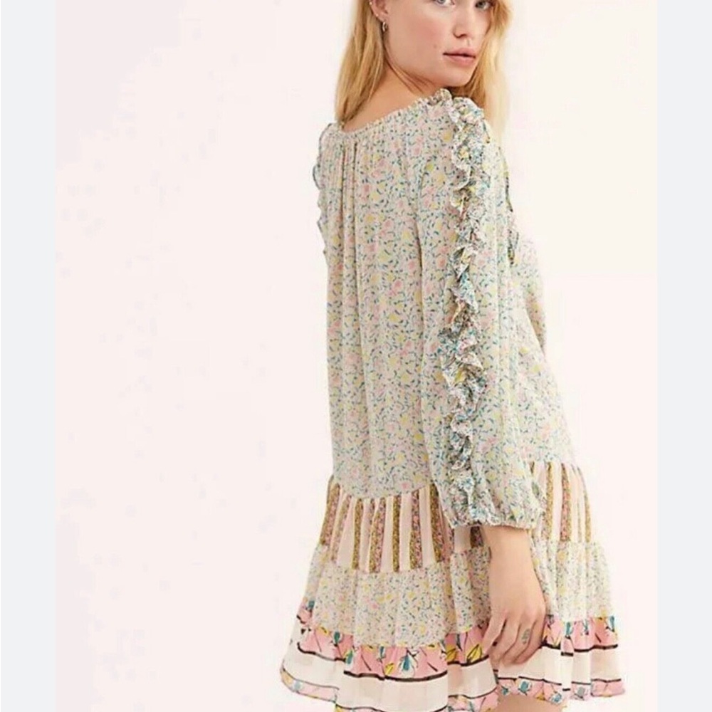 FREE PEOPLE Pink Foral Dress Mini Boho Small Flowers in Hair Babydoll Ruffles - Picture 5 of 16